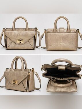 Diane Von Furstenberg Metallic Gold Satchel Crossbody Lizard Embossed Leather